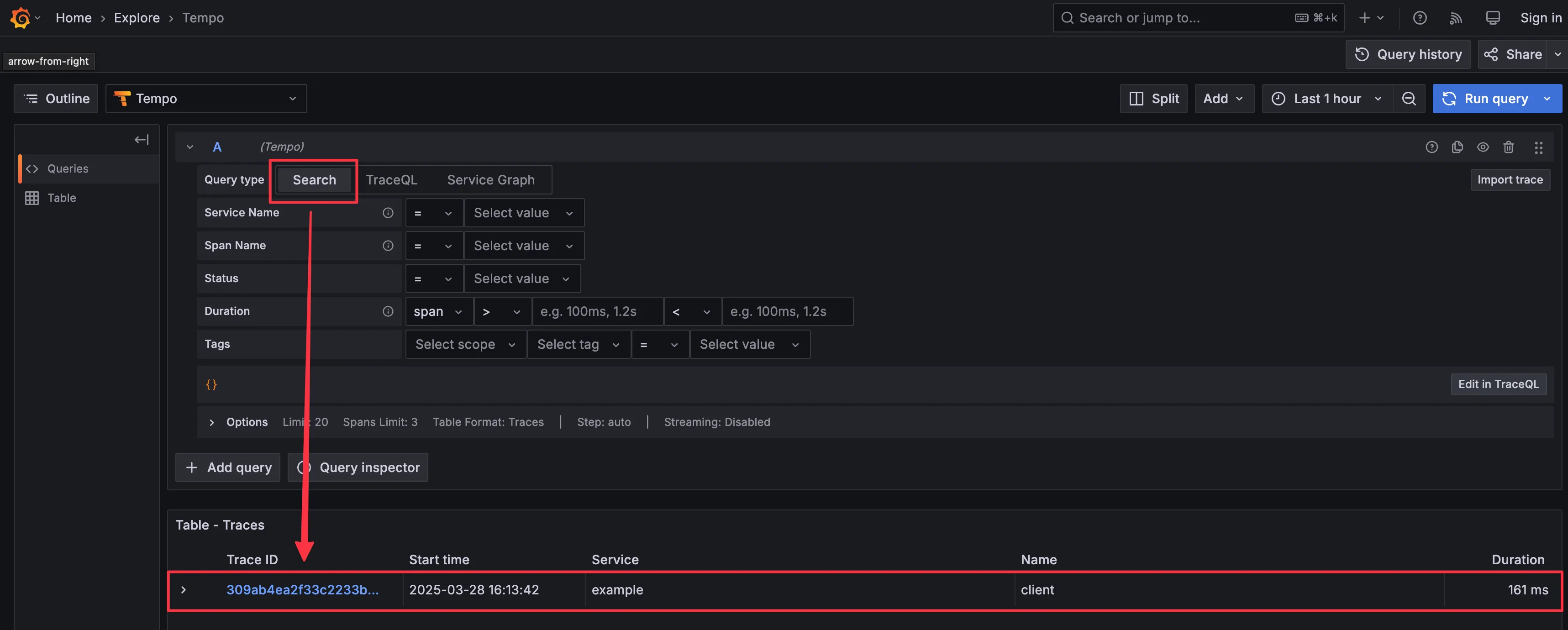 Grafana Tempo TraceQL 界面,其中 Search 选择器用红框标出 Tempo 搜索选择器