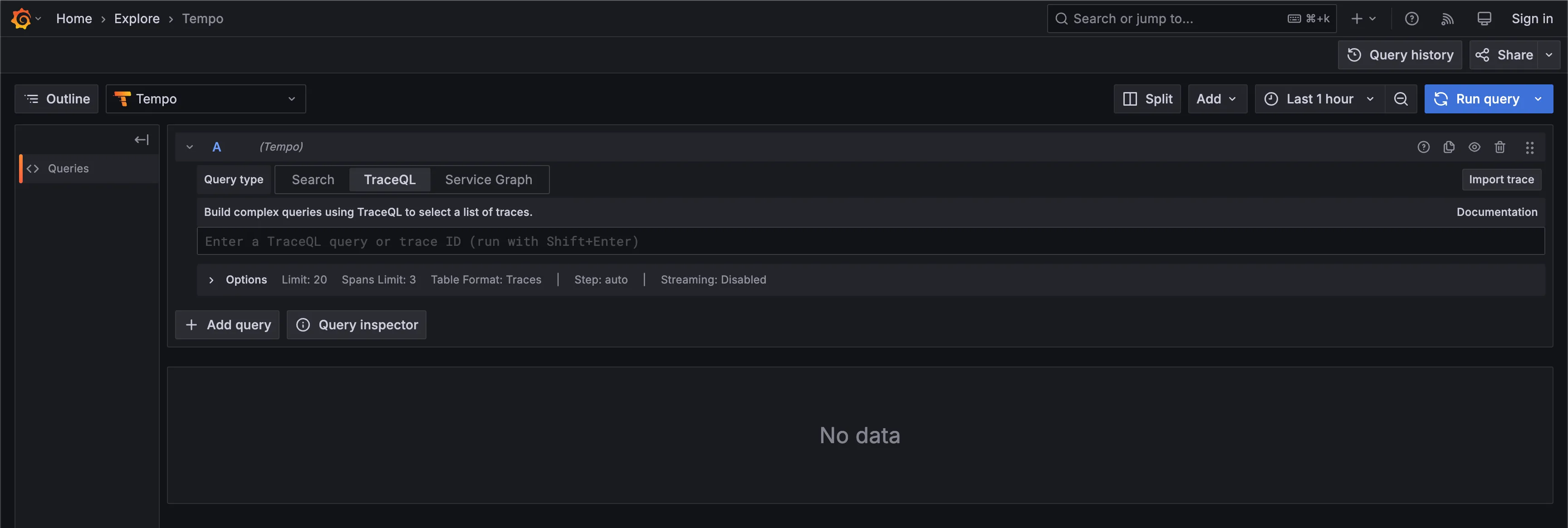 未指定 TraceQL 查询时的 Grafana Tempo TraceQL 界面 Tempo TraceQL 界面